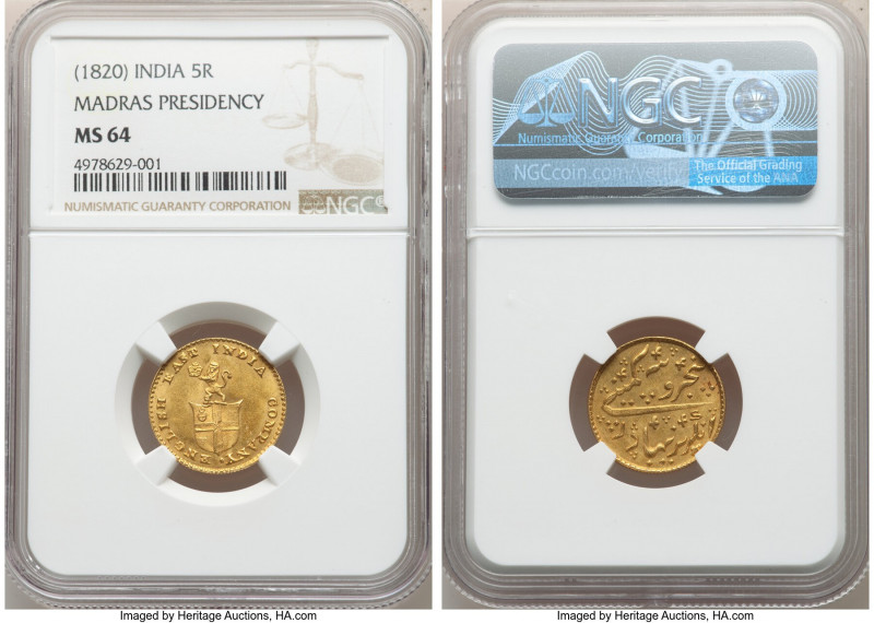 British India. Madras Presidency gold 5 Rupees (1/3 Mohur) ND (1820) MS64 NGC, M...