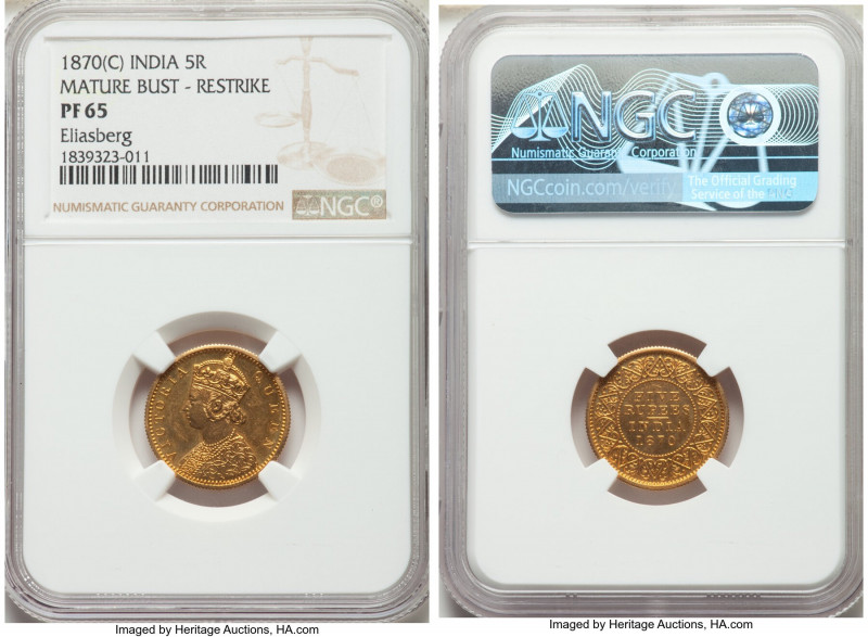 British India. Victoria gold Proof Restrike 5 Rupees 1870-(c) PR65 NGC, Calcutta...