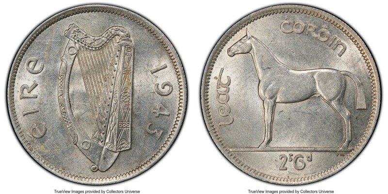 Republic 1/2 Crown 1943 AU58 PCGS, KM16. One of approximately 500 known of an or...