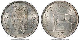 Republic 1/2 Crown 1943 AU58 PCGS, KM16. One of approximately 500 known of an original production of 1,000 pieces. A difficult wartime date, and by fa...