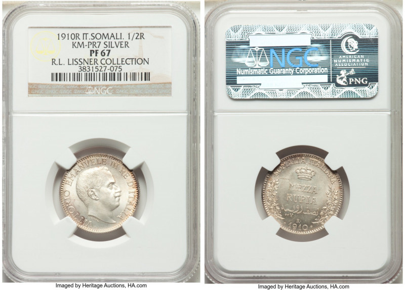 Italian Colony. Vittorio Emanuele III silver Prova 1/2 Rupia 1910-R PR67 NGC, Ro...
