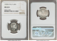 Vittorio Emanuele III Lira 1905-R MS65+ NGC, Rome mint, KM32. The key date for this fleeting series, boasting the lowest mintage until the obscenely s...