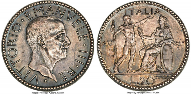 Vittorio Emanuele III 20 Lire Anno V (1927)-R UNC Details (Cleaned) NGC, Rome mi...