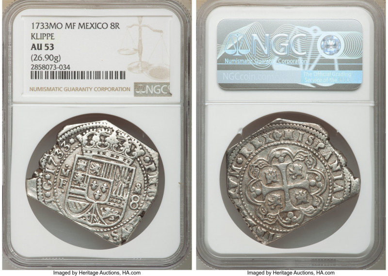 Philip V Klippe Cob 8 Reales 1733 Mo-MF AU53 NGC, Mexico City mint, KM48, Cal-14...