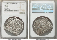 Philip V Klippe Cob 8 Reales 1733 Mo-MF AU53 NGC, Mexico City mint, KM48, Cal-1430. 26.90gm. Always a popular issue when encountered for sale, especia...