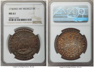 Philip V 8 Reales 1746 Mo-MF MS61 NGC, Mexico City mint, KM103, Cal-1470. A compelling example graced with pastel rose-pink and emerald obverse colora...