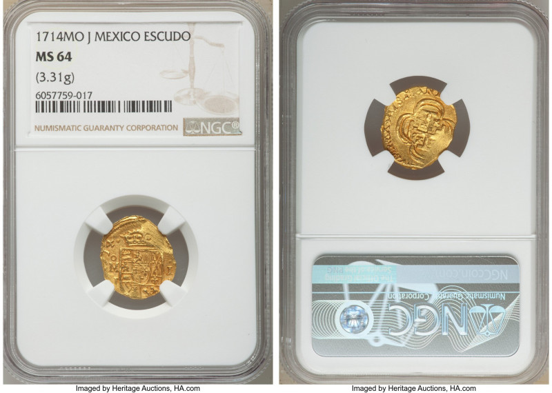 Philip V gold Cob Escudo 1714 Mo-J MS64 NGC, Mexico City mint, KM51.2, Fr-7c, Ca...
