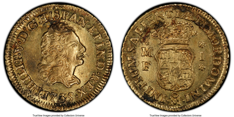 Philip V gold Escudo 1735 Mo-MF AU58 PCGS, Mexico City mint, KM113, Cal-1749. An...