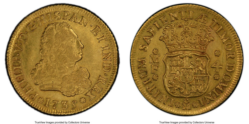 Philip V gold 4 Escudos 1735 Mo-MF AU Details (Cleaning) PCGS, Mexico City mint,...