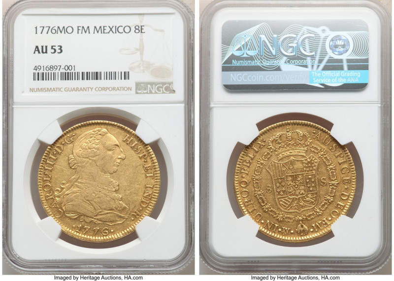 Charles III gold 8 Escudos 1776 Mo-FM AU53 NGC, Mexico City mint, KM156.2, Cal-2...