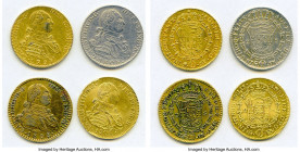 Charles IV 4-Piece Lot of Uncertified gilt platinum Contemporary Counterfeit 2 Escudos, 1) 2 Escudos 1797 M-MF - XF, KM435.1. 22mm. 6.59gm. 2) 2 Escud...