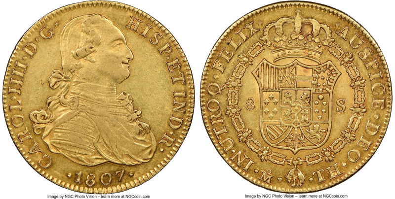 Charles IV gold 8 Escudos 1807 Mo-TH AU58 NGC, Mexico City mint, KM159, Cal-1653...