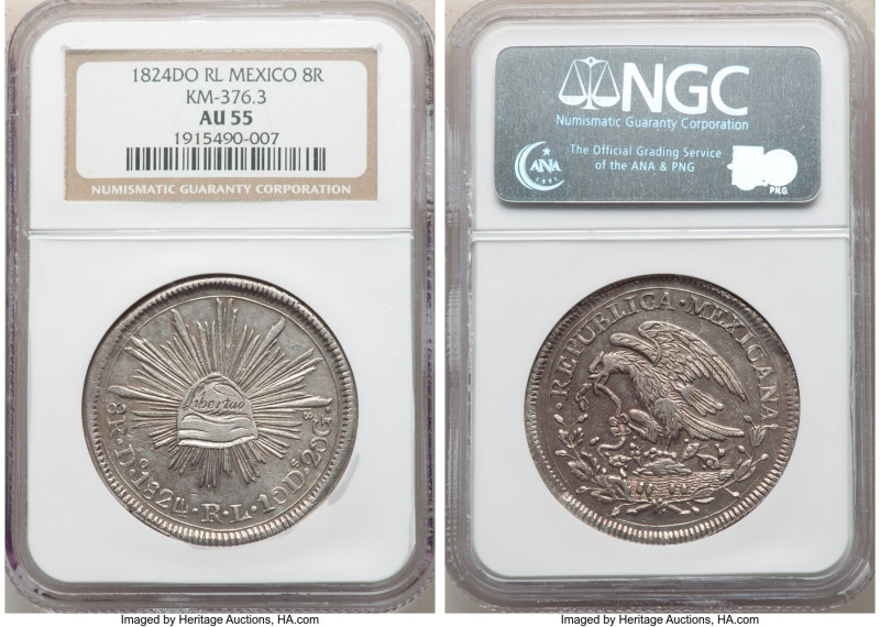 Republic "Hookneck" 8 Reales 1824 Do-RL AU55 NGC, Durango mint, KM376.3, DP-Do01...
