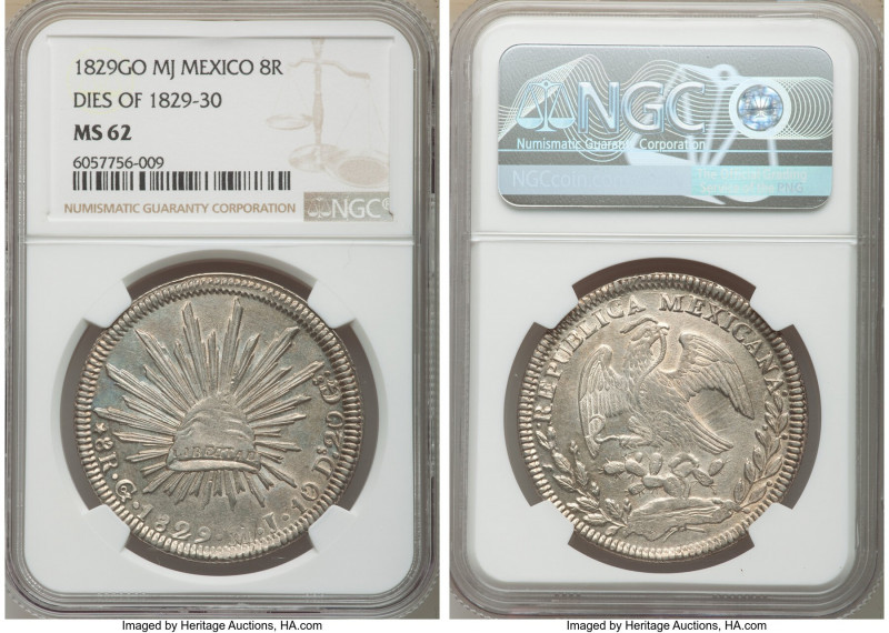 Republic 8 Reales 1829 Go-MJ MS62 NGC, Guanajuato mint, KM377.8, DP-Go10. Dies o...