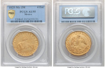 Republic gold 4 Escudos 1825 Mo-JM AU55 PCGS, Mexico City mint, KM381.6, Fr-77. A wholesome selection with gentle, honest wear to the hand and breast ...