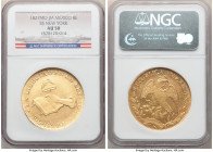Republic gold 8 Escudos 1827 Mo-JM AU50 NGC, Mexico City mint, KM383.9, Onza-1998. From the SS New York Shipwreck. A collectible "Hand on Book" issue ...