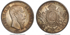 Maximilian Peso 1866-Mo MS65 PCGS, Mexico City mint, KM388.1, Elizondo-172. A stunning representative of the fleeting issues of Maximilian, impressive...