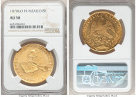 Republic gold 8 Escudos 1870 Go-FR AU58 NGC, Guanajuato mint, KM383.7. Essentially unimpacted by exchange, especially so on the reverse where the full...