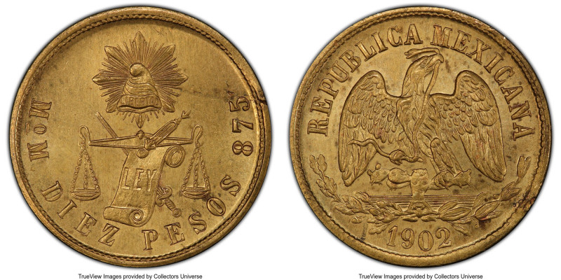 Republic gold 10 Pesos 1902 Mo-M MS64 PCGS, Mexico City mint, KM413.7. A pleasin...