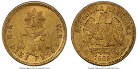 Republic gold 10 Pesos 1903 Mo-M MS64 PCGS, Mexico City mint, KM413.7. An alluring gold emission dressed in allover golden resplendence, the obverse e...