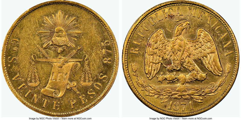 Republic gold 20 Pesos 1871 Go-S MS61 NGC, Guanajuato mint, KM414.4. A golden se...