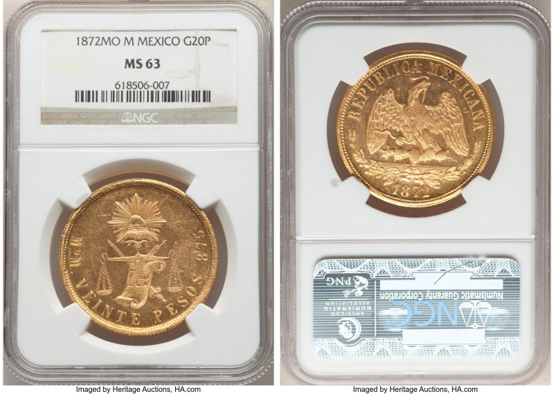 Republic gold 20 Pesos 1872 Mo-M MS63 NGC, Mexico City mint, KM414.6. A radiant ...