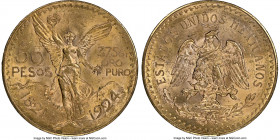 Estados Unidos gold 50 Pesos 1924 MS63 NGC, Mexico City mint, KM481, Fr-172. Dressed in full mint brilliance that cascades across razor-sharp devices,...