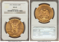 Estados Unidos gold 50 Pesos 1931 MS65 NGC, Mexico City mint, KM481. An absolute gem of a piece, featuring honeyed, rose-gold surfaces prevailing with...