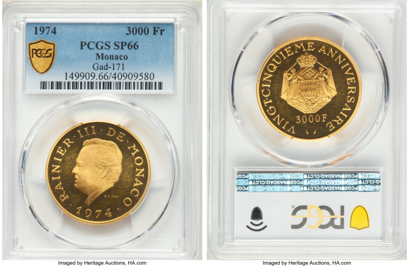 Rainier III gold Specimen 3000 Francs 1974 SP66 PCGS, Gad-171. Mintage: 10,000. ...