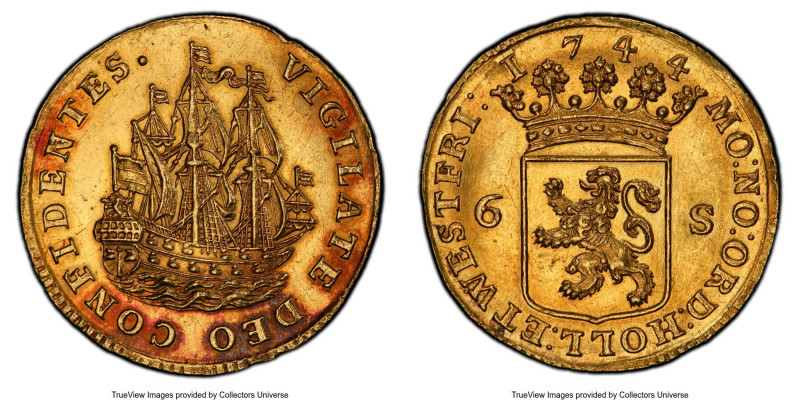 Holland. Provincial gold 6 Stuivers 1744 MS62 PCGS, KM45a, Delm-816. Formidably ...