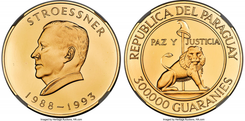 Republic gold Proof "Alfredo Stroessner" 300000 Guaranies 1988 PR66 Ultra Cameo ...
