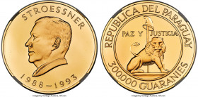 Republic gold Proof "Alfredo Stroessner" 300000 Guaranies 1988 PR66 Ultra Cameo NGC, KM174, Fr-26. Estimated mintage: 500, with 250 pieces remelted. T...