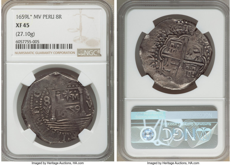 Philip IV Cob 8 Reales 1659 L*M-V XF45 NGC, Lima mint, KM18.1, Cal-1247. 27.10gm...