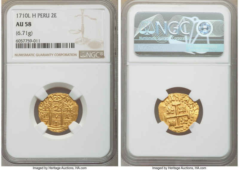 Philip V gold Cob 2 Escudos 1710 L-H AU58 NGC, Lima mint, KM36, Fr-9, Cal-1828. ...