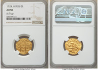 Philip V gold Cob 2 Escudos 1710 L-H AU58 NGC, Lima mint, KM36, Fr-9, Cal-1828. 6.71gm. Borderline Mint State and perhaps a touch conservatively grade...