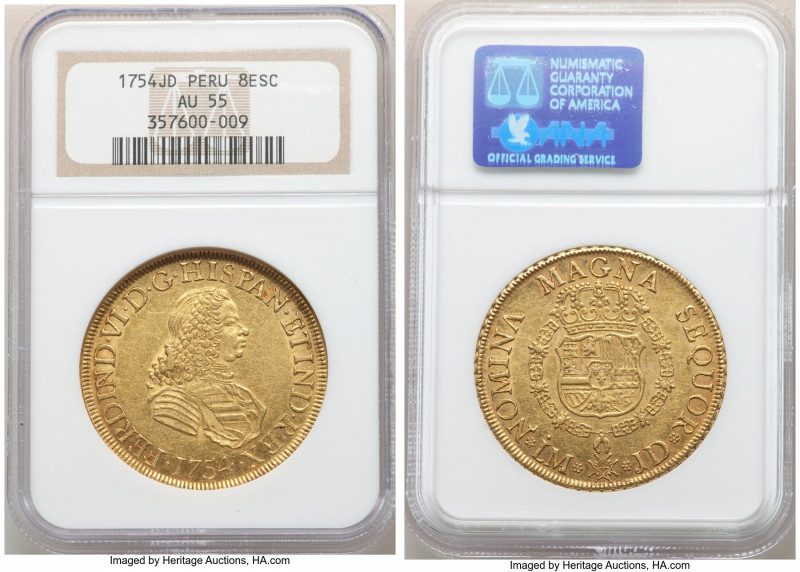 Ferdinand VI gold 8 Escudos 1754 LM-JD AU55 NGC, Lima mint, KM59.1, Cal-767. A w...