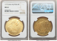 Charles III gold 8 Escudos 1777 LM-MJ MS61 NGC, Lima mint, KM82.1, Cal-1937. A scarcer date/mint combination with the added appeal of being verifiably...