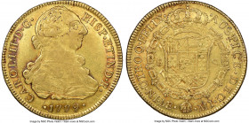 Charles III gold 8 Escudos 1779 LM-MJ AU Details (Obverse Scratched) NGC, Lima mint, KM82.1, Cal-1940. Modestly circulated, with a single fine scratch...
