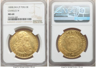 Charles IV gold 8 Escudos 1808 LM-JP MS60 NGC, Lima mint, KM101, Cal-1616. A transitional date bearing the name and portrait of Charles IV on a pale-g...