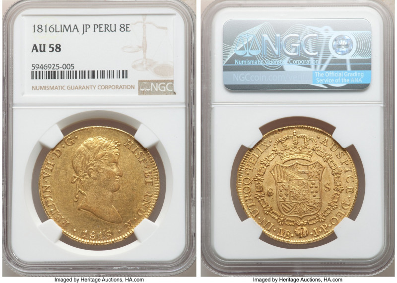 Ferdinand VII gold 8 Escudos 1816 LM-JP AU58 NGC, Lima mint, KM129.1, Cal-1763. ...