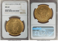 Republic gold 8 Escudos 1831 CUZCO-G MS62 NGC, Cuzco mint, KM148.2, Fr-63. Attractively watery in the fields and emitting bright pulses of aurous radi...
