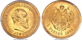 Alexander III gold 5 Roubles 1889-AГ MS65 PCGS, St. Petersburg mint, KM-Y42, Fr-168, Bit-33. This boldly struck example absolutely stuns at every turn...