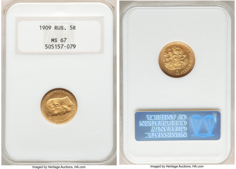 Nicholas II gold 5 Roubles 1909-ЭБ MS67 NGC, St. Petersburg mint, KM-Y62, Bit-34...