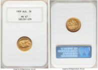 Nicholas II gold 5 Roubles 1909-ЭБ MS67 NGC, St. Petersburg mint, KM-Y62, Bit-34 (R). A striking gem conveying shimmering, radiant luster at every tur...