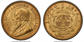 Republic gold Pond 1898 MS63 PCGS, Pretoria mint, KM10.2. An enchanting Choice Mint State representative depicting the iconic portrait of Paul Kruger,...
