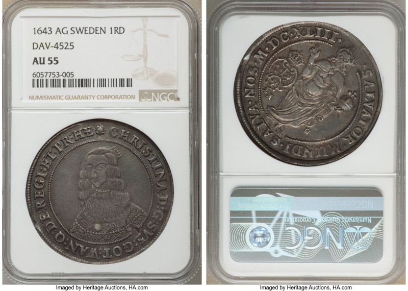 Christina Riksdaler 1643-AG AU55 NGC, Sala and Stockholm mint, KM187, Dav-4525. ...