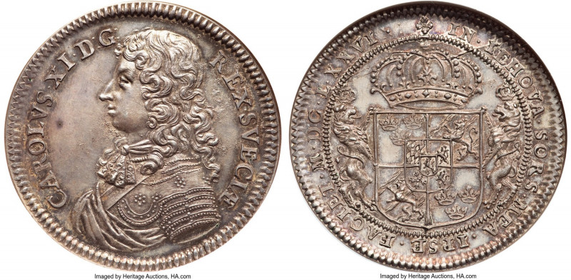 Carl XI Restrike Riksdaler 1676-Dated MS63 NGC, Stockholm mint, KM280, Dav-4538,...