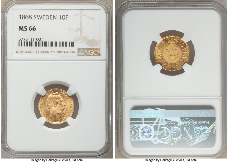Carl XV Adolf gold Carolin (10 Francs) 1868 MS66 NGC, KM716. Always a popular go...