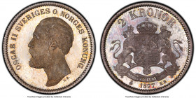 Oscar II Proof 2 Kronor 1877-EB PR66 Cameo PCGS, Stockholm mint, cf. KM742 (unlisted in Proof), AAH-45, Hagander-Unl. A brilliant and excessively rare...