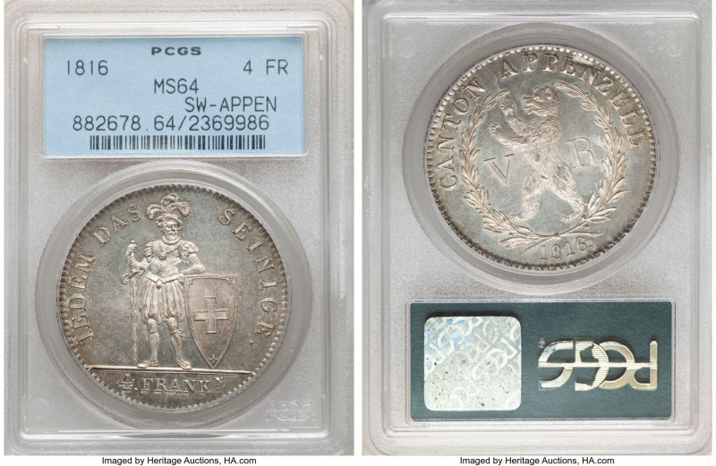 Appenzell. Canton 4 Franken 1816 MS64 PCGS, Bern mint, KM12, Dav-368. Mintage: 1...